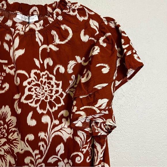 NWT Ces Femme Floral Ruffle Rust and Cream Short Sleeve Top Size Medium Feminine - Picture 5 of 11